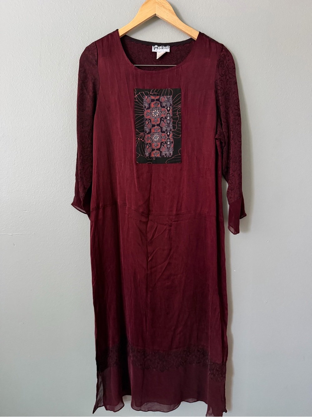 Vintage Artisan Kimono Silk Blend Midi Dress Burgundy Size S/M